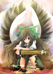 Rule 34 | 1girl, arm cannon, asymmetrical clothes, asymmetrical footwear, bad id, bad pixiv id, black hair, black thighhighs, bow, cape, colorized, crossed arms, crossed legs, female focus, full body, gradient background, hair bow, highres, kurekore, large wings, long hair, mismatched footwear, red eyes, reiuji utsuho, sitting, solo, tanba anko, thighhighs, touhou, very long hair, weapon, wings