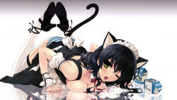 Rule 34 | 1girl, absurdres, animal ears, ankle ribbon, apron, black hair, blue panties, blush, breast press, breasts, cat ears, cat girl, cat tail, cleavage, detached sleeves, female focus, green eyes, high heels, highres, large breasts, leg ribbon, licking, long hair, looking at viewer, lying, maid, maid apron, maid headdress, milk, misaki kurehito, on stomach, one eye closed, original, panties, puffy sleeves, reflection, reflective floor, ribbon, shoes, solo, striped clothes, striped panties, tail, thighhighs, tongue, top-down bottom-up, top pull, underwear, white thighhighs, wink, wrist cuffs