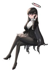 Rule 34 | 1girl, absurdres, black footwear, black hair, black pantyhose, black skirt, blue archive, blush, breasts, bright pupils, closed mouth, formal, full body, hair ornament, hairpin, halo, high heels, highres, id card, ilbanseomin, large breasts, long hair, long sleeves, pantyhose, pleated skirt, red eyes, ringed eyes, rio (blue archive), simple background, skirt, solo, suit, sweater, tablet pc, turtleneck, turtleneck sweater, white background, white pupils, white sweater