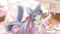 Rule 34 | 1girl, ahoge, animal ear fluff, animal ears, arm support, barefoot, bed, bell, blurry, blurry background, bow, cake, cake slice, character request, cup, day, feet up, food, fork, from side, grey bow, grey hair, grey skirt, hair bell, hair between eyes, hair bow, hair ornament, hair ribbon, hands up, highres, holding, holding fork, holding plate, indoors, jingle bell, leaf, leg ribbon, legs, long hair, long sleeves, lying, miniskirt, mug, neck bell, off-shoulder, off-shoulder sweater, off shoulder, on bed, on stomach, pink sleeves, pink sweater, plaid, plaid skirt, plate, pleated skirt, red ribbon, ribbon, single bare shoulder, skirt, solo, straight hair, strawberry cake, sunlight, sweater, swept bangs, tail, tail raised, thigh ribbon, white ribbon, wide sleeves, wooden floor, yukishiro haku