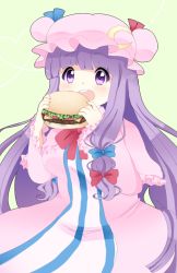 Rule 34 | 1girl, blush, burger, commentary, crescent, eating, food, green background, hat, heart, heart-shaped pupils, long hair, nashirasauce, open mouth, patchouli knowledge, purple eyes, purple hair, simple background, solo, symbol-shaped pupils, touhou, very long hair