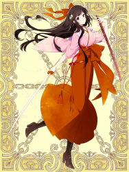 Rule 34 | 1girl, black hair, bow, brown footwear, commission, full body, hair bow, hair ornament, holding, holding sword, holding weapon, japanese clothes, kerberos blade, kimono, l (matador), long hair, long legs, looking at viewer, sheath, simple background, solo, sword, tasuki, very long hair, weapon, wide sleeves, yellow background