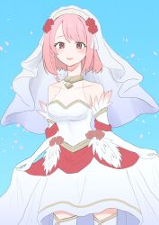 Rule 34 | 1girl, absurdres, bare shoulders, boots, bridal veil, bride, dress, fire emblem, fire emblem engage, fire emblem heroes, flower, gold trim, hairband, highres, inuinui29, lapis (fire emblem), lapis (mighty bride) (fire emblem), nintendo, official alternate costume, pink eyes, pink hair, red flower, red rose, rose, solo, thigh boots, two-tone hairband, veil, wedding dress, white dress, white hairband, yellow hairband