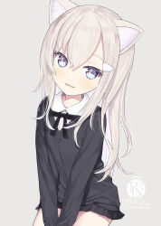 Rule 34 | 1girl, animal ear fluff, animal ears, artist name, black bow, black skirt, black sweater, blue eyes, blush, bow, brown hair, capriccio, cat ears, collared shirt, commentary request, dress shirt, grey background, hair between eyes, hair ornament, hairclip, long hair, long sleeves, looking at viewer, multicolored hair, original, parted lips, pleated skirt, purple hair, shirt, simple background, sitting, skirt, smile, solo, sweater, two-tone hair, very long hair, white shirt