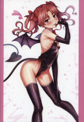 Rule 34 | 1girl, absurdres, black gloves, black thighhighs, blush, bow, breasts, brown eyes, brown hair, closed mouth, cosplay, demon girl, demon tail, elbow gloves, fake tail, fake wings, finger to mouth, gloves, hair bow, highres, isshi pyuma, long hair, looking at viewer, shirai kuroko, small breasts, smile, solo, tail, thighhighs, toaru kagaku no railgun, toaru majutsu no index, tongue, tongue out, twintails, wings