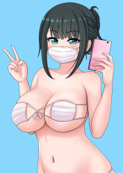 Rule 34 | 1girl, absurdres, bikini, black hair, blue eyes, blush, breasts, commentary, eyepatch bikini, gridman universe, hassu, highres, large breasts, looking at viewer, mask, mask bikini, mask on breasts, mouth mask, navel, phone, selfie, simple background, skindentation, solo, ssss.gridman, surgical mask, swimsuit, the only shoe, v