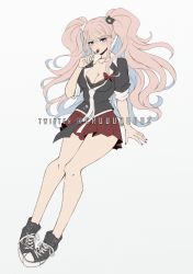 Rule 34 | 1girl, bear hair ornament, black bra, black footwear, black shirt, blue eyes, blush, bow, bra, breasts, choker, cleavage, collarbone, commentary, criis-chan, danganronpa: trigger happy havoc, danganronpa (series), enoshima junko, full body, hair ornament, hand up, high tops, holding, invisible chair, large breasts, long hair, medium breasts, miniskirt, nail polish, necktie, red bow, red nails, red skirt, shirt, shoes, sitting, skirt, sneakers, solo, twintails, twitter username, underwear, watermark, white footwear