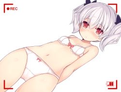 Rule 34 | 1girl, bare arms, bare shoulders, black ribbon, blush, bow, bow bra, bow panties, bra, breasts, collarbone, dutch angle, hair between eyes, hair ribbon, kurasuke, navel, original, panties, navel, red eyes, ribbon, short hair, silver hair, simple background, small breasts, solo, transparent background, twintails, underwear, underwear only, viewfinder, white background, white bra, white panties