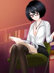 Rule 34 | 1girl, artist request, black hair, black pantyhose, black skirt, bob cut, book, bookshelf, breasts, brown eyes, chair, cleavage, collarbone, date crush stories, erisa (date crush stories), game cg, glasses, highres, indoors, jewelry, looking at book, miniskirt, necklace, pantyhose, pendant, reading, shirt, short hair, sitting, skirt, small breasts, smile, solo, thighhighs, white shirt