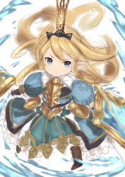 Rule 34 | &gt;:(, 10s, 1girl, armor, bad id, bad pixiv id, black footwear, blonde hair, blue dress, blue eyes, boots, breastplate, charlotta (granblue fantasy), crown, dress, frilled dress, frills, frown, gauntlets, granblue fantasy, harvin, holding, holding sword, holding weapon, long hair, looking away, looking to the side, o (pixiv11118909), o (rakkasei), pointy ears, puffy short sleeves, puffy sleeves, shield, short sleeves, simple background, solo, standing, sword, v-shaped eyebrows, water, weapon, white background