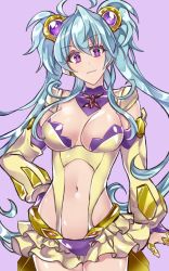 Rule 34 | 10s, 1girl, blue hair, breasts, cagliostro (symphogear), cleavage, detached sleeves, hair ornament, hand on own hip, jewelry, large breasts, long hair, looking at viewer, midriff, navel, puffy sleeves, purple background, purple eyes, resyeol, ring, senki zesshou symphogear, skirt, smile, solo, twintails