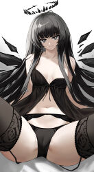 Rule 34 | 1girl, absurdres, antenna hair, arknights, bare shoulders, bed, bed sheet, black eyes, black garter belt, black garter straps, black hair, black halo, black panties, black thighhighs, black wings, blunt bangs, breasts, broken halo, cameltoe, cleavage, closed mouth, collarbone, commentary, dark halo, detached wings, dress, energy wings, evening gown, foreshortening, garter belt, garter straps, gown, halo, head tilt, highres, hime cut, leaning back, lingerie, long hair, looking at viewer, medium breasts, mole, mole under eye, navel, no bra, on bed, pale skin, panties, presenting, presenting pussy, seductive smile, sidelocks, simple background, single off shoulder, sitting, smile, solo, spread legs, stomach, thighhighs, underwear, underwear only, very long hair, virtuosa (arknights), white background, wings, yuweishizi