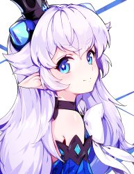 Rule 34 | 1girl, bad id, bad pixiv id, bare shoulders, blue eyes, blush, bow, crown, demon power (elsword), detached sleeves, elsword, hwansang, jewelry, long hair, looking at viewer, luciela r. sourcream, mini crown, pointy ears, profile, smile, solo, star-shaped pupils, star (symbol), symbol-shaped pupils, upper body, white bow, white hair