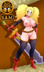 Rule 34 | belt, blonde hair, boots, breasts, cleft of venus, fantasy, gloves, green eyes, highres, large breasts, looking to the side, nude, punishedkom, pussy, rise of the guild master, sam (rise of the guild master), sharp teeth, smile, solo, sword, swordswoman, teeth, thighhighs, twintails, warrior, weapon