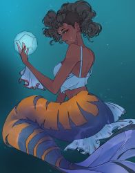 Rule 34 | 1girl, aqua background, aqua camisole, black hair, camisole, dark-skinned female, dark skin, dodecahedron, elliemaplefox, fins, floating hair, from side, gradient background, hand up, highres, looking at viewer, mermaid, monster girl, original, parted lips, profile, solo