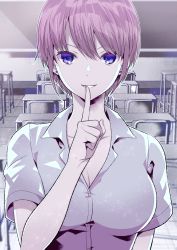Rule 34 | 1girl, blue eyes, breasts, chalkboard, classroom, cleavage, collared shirt, desk, dress shirt, finger to mouth, go-toubun no hanayome, grin, hair between eyes, highres, index finger raised, indoors, kuso bba, large breasts, looking at viewer, nakano ichika, pink hair, school, school desk, shirt, short hair, short sleeves, smile, solo, white shirt