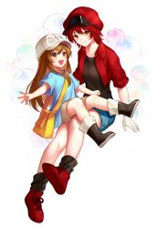 Rule 34 | 10s, 2girls, :d, bag, baseball cap, black footwear, black legwear, black shirt, blue shirt, blue shorts, boots, brown eyes, brown hair, brown shorts, character name, collarbone, floating hair, gloves, hat, hataraku saibou, hnhr 69, jacket, long hair, looking at viewer, multiple girls, open clothes, open jacket, open mouth, outstretched arm, platelet (hataraku saibou), red footwear, red hair, red hat, red jacket, shirt, short hair, short shorts, short sleeves, shorts, sitting, sitting on lap, sitting on person, smile, socks, very long hair, white background, white gloves, white hat, yellow eyes