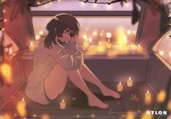 Rule 34 | 1girl, barefoot, black hair, candle, highres, hmng, light, sitting, solo, thighs