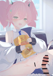 Rule 34 | 1girl, absurdres, bar censor, blue archive, blue eyes, blue nails, censored, chips (food), coat, food, footjob, hair ornament, hairpin, highres, horns, momoka (blue archive), no panties, penis, pink hair, pointy ears, potato chips, sensei (blue archive), sharp teeth, smug, socks, spread legs, teeth, twintails, two-footed footjob, umrp3777, veins, veiny penis, white coat, white socks