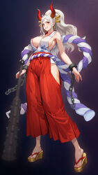 Rule 34 | 1girl, absurdres, bare shoulders, blush, breasts, brown eyes, chain, club, club (weapon), commentary, cuffs, curled horns, dark night (darkotl), earrings, grey hair, hair ornament, hair stick, hakama, highres, hip vent, holding club, hoop earrings, horns, japanese clothes, jewelry, kanabou, large breasts, long hair, looking at viewer, one piece, oni horns, ponytail, red hakama, red horns, rope, sandals, shackles, shimenawa, smile, solo, weapon, yamato (one piece)