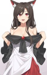 Rule 34 | 1girl, :d, absurdres, animal ear fluff, animal ears, bare shoulders, black hair, breasts, brooch, cleavage, collarbone, commentary, dress, gradient background, grey background, highres, imaizumi kagerou, jewelry, large breasts, long hair, long sleeves, looking at viewer, off-shoulder dress, off shoulder, open mouth, red eyes, smile, solo, suiroh (shideoukami), swept bangs, touhou, white background, white dress, wide sleeves, wolf ears