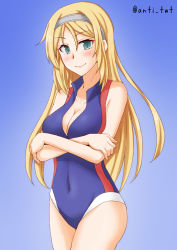 Rule 34 | 1girl, anti (untea9), blonde hair, blue eyes, blush, breasts, closed mouth, covered navel, gradient background, hair between eyes, highres, kantai collection, large breasts, long hair, looking at viewer, nelson (kancolle), one-piece swimsuit, smile, solo, swimsuit, twitter username