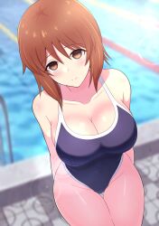 Rule 34 | 1girl, absurdres, arms behind back, blue one-piece swimsuit, blurry, brown eyes, brown hair, closed mouth, commentary request, competition school swimsuit, depth of field, girls und panzer, halterneck, highres, iteza (flapper girl 25), lens flare, light blush, light smile, looking at viewer, nishizumi miho, one-piece swimsuit, partial commentary, pool, school swimsuit, short hair, smile, solo, standing, swimsuit, thigh gap