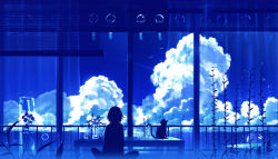 Rule 34 | 1girl, absurdres, algae, black hair, blue sky, blue theme, bubble, cat, chinese commentary, cloud, cloudy sky, commentary, fantasy, fish, fishbowl, from behind, goldfish, highres, indian style, indoors, medium hair, original, plant, potted plant, scenery, signature, silhouette, sitting, sky, skyrick9413, solo, table, window