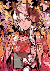 Rule 34 | 1girl, alternate costume, braid, closed mouth, dango, fate/grand order, fate (series), floral print, food, fou (fate), fox mask, fujimaru ritsuka (female), hair between eyes, hair over shoulder, hands up, highres, holding, holding food, horns, japanese clothes, kimono, leaf, looking at viewer, maple leaf, mash kyrielight, mask, mask on head, obi, red eyes, red kimono, rioka (southern blue sky), sanshoku dango, sash, silver hair, smile, solo, tomoe gozen (fate), upper body, wagashi