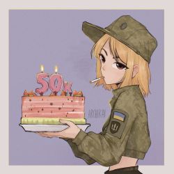 Rule 34 | 1girl, archirai, blonde hair, brown eyes, cake, candle, cigarette, commentary, english commentary, food, from side, fruit, green hat, hat, highres, holding, holding plate, jacket, long sleeves, marichka, medium hair, midriff, military, military hat, military jacket, military uniform, mouth hold, original, patch, plate, polearm, shoulder patch, simple background, smoking, solo, trident, ukraine, ukrainian flag, uniform, war, watermelon, weapon