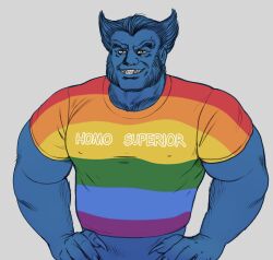 Rule 34 | 1boy, absurdres, alternate costume, bara, beast (x-men), blue hair, blue skin, bottomless, clothes writing, colored skin, covered erect nipples, fingernails, highres, large pectorals, male focus, marvel, mature male, monster boy, muscular, muscular male, pectorals, rainbow flag print, sharp fingernails, short hair, smagma, smile, thick eyebrows, upper body, x-men