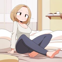 Rule 34 | 1girl, barefoot, blanket, blonde hair, blue pants, bob cut, breasts, brown eyes, cleavage, eyelashes, feet, full body, highres, indoors, katsuhito omiya, looking to the side, on bed, original, pants, pillow, shirt, sitting, solo, toes, white shirt, window, window shadow