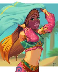 Rule 34 | 1girl, alternate costume, blonde hair, blue eyes, blush, breasts, cosplay, detached sleeves, earrings, gerudo set (zelda), green eyes, hair ornament, harem outfit, jewelry, long hair, looking at viewer, midriff, mouth veil, navel, nintendo, pointy ears, princess zelda, see-through, solo, stomach, the legend of zelda, the legend of zelda: breath of the wild, veil
