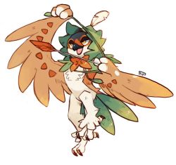 Rule 34 | arrow (projectile), bow (weapon), creatures (company), decidueye, full body, game freak, gen 7 pokemon, highres, holding, holding bow (weapon), holding weapon, nintendo, pokemon, pokemon (creature), signature, simple background, smile, solo, standing, standing on one leg, sui (suizilla), weapon, white background, yellow eyes