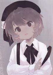 Rule 34 | 1girl, beret, black bow, black hat, black ribbon, blush, bow, brown eyes, brown hair, collared shirt, commentary request, flower, grey background, hair between eyes, hair flower, hair ornament, hat, hatoba tsugu, head tilt, highres, long sleeves, looking at viewer, mole, mole under eye, open mouth, ribbon, rose, sha2mo, shirt, solo, suspenders, suspenders slip, virtual youtuber, white flower, white rose, white shirt