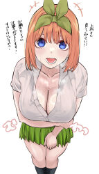 Rule 34 | 1girl, absurdres, black socks, blue eyes, breasts, cleavage, commentary, go-toubun no hanayome, green hairband, green ribbon, green skirt, hair between eyes, hair ribbon, hairband, highres, kneehighs, large breasts, leaning forward, looking at viewer, marimo 625, nakano yotsuba, open mouth, orange hair, pleated skirt, ribbon, shirt, short hair, skirt, socks, solo, sweat, symbol-only commentary, translation request, white background, white shirt
