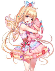 Rule 34 | 1girl, bare arms, blonde hair, blue dress, bow, brown eyes, dress, fake wings, flower, futaba anzu, gradient clothes, hair bow, highres, idolmaster, idolmaster cinderella girls, long hair, looking at viewer, mirei, multicolored clothes, multicolored dress, hugging object, open mouth, pink dress, pink flower, pink rose, polka dot, polka dot bow, purple dress, purple flower, purple rose, red flower, red rose, rose, simple background, smile, solo, standing, stuffed animal, stuffed rabbit, stuffed toy, twintails, white background, white bow, wings, wrist cuffs, yellow dress