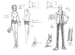 Rule 34 | 1boy, 1girl, breasts, character sheet, cleavage, dress, full body, highres, jewelry, long hair, monochrome, multiple views, nami (one piece), official art, one piece, one piece: strong world, roronoa zoro, short hair, shorts, smile, training, translation request, wide hips