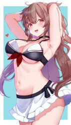 Rule 34 | 1girl, arms behind head, bikini, breasts, brown eyes, brown hair, calin, cleavage, hair flaps, hair ornament, highres, kantai collection, large breasts, long hair, looking at viewer, murasame (kancolle), murasame kai ni (kancolle), navel, open mouth, red eyes, ribbon, smile, solo, stomach, swimsuit, twintails