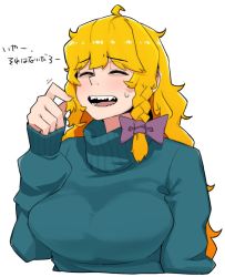 Rule 34 | 1girl, archived source, bad id, bad twitter id, blonde hair, blue sweater, bow, braid, breasts, closed eyes, commentary request, cookie (touhou), hair bow, highres, kirisame marisa, large breasts, long hair, long sleeves, mars (cookie), ohasi, open mouth, purple bow, side braid, simple background, single braid, smile, solo, sweater, touhou, translation request, upper body, white background