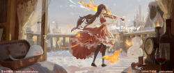 Rule 34 | 1girl, bare shoulders, black footwear, black thighhighs, brown hair, closed mouth, curtains, dress, full body, genshin impact, ghost, grey sky, highres, holding, holding instrument, holding violin, hu tao (genshin impact), instrument, long hair, looking at viewer, outdoors, red eyes, scenery, short sleeves, sky, snowing, solo, thighhighs, twintails, violin, wboss