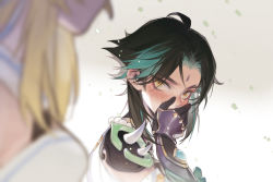 Rule 34 | 1boy, 1girl, aqua hair, armor, bead necklace, beads, black gloves, black hair, blurry, blush, breasts, commentary, covering own mouth, depth of field, english commentary, eyes visible through hair, facial mark, forehead mark, from side, frown, gem, genshin impact, gloves, hair over one eye, hand over own mouth, hand up, highres, jade (gemstone), jewelry, looking at another, looking at viewer, looking to the side, lumine (genshin impact), mata c, multicolored hair, necklace, nose blush, out of frame, parted bangs, portrait, short hair, shoulder armor, shoulder pads, shoulder spikes, solo focus, spikes, streaked hair, two-tone hair, vambraces, white background, xiao (genshin impact), yellow eyes