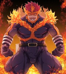Rule 34 | 1boy, abs, bara, beard, blue eyes, bodysuit, boku no hero academia, bulge, covered abs, cowboy shot, endeavor (boku no hero academia), f-una, facial hair, fire, highres, large pectorals, male focus, manly, muscular, mustache, pectorals, red hair, skin tight, solo, spiked hair, thick thighs, thighs, upper body