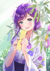 1girl :d absurdres blurry blurry_foreground blush floral_print green_eyes highres japanese_clothes kimono long_hair looking_at_viewer materu_(2532) nail_polish open_mouth original print_kimono purple_hair purple_kimono sidelocks smile solo standing tanabata upper_body wide_sleeves yellow_nails