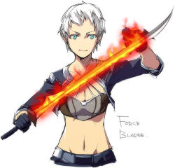 Rule 34 | 1girl, breasts, cleavage, crop top, cropped jacket, fire, flaming sword, flaming weapon, gloves, green eyes, kyo (kuroichigo), large breasts, magic, midriff, navel, original, short hair, sketch, solo, sword, upper body, weapon, white hair