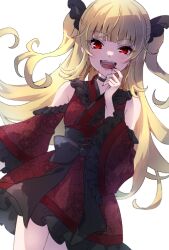 Rule 34 | 1girl, :d, bare shoulders, black bow, black choker, blonde hair, blood, blood from mouth, blood on face, blood on hands, blunt bangs, blush, bow, choker, commission, cowboy shot, detached sleeves, dress, fangs, frilled dress, frilled sleeves, frills, highres, kumano09 (yaecha0), long hair, long sleeves, looking at viewer, open mouth, original, pixiv commission, red dress, simple background, smile, solo, two side up, white background, wide sleeves