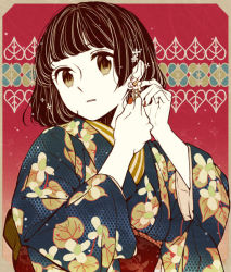 Rule 34 | 1girl, adjusting clothes, bad id, bad pixiv id, black hair, brown eyes, earrings, flat color, floral print, hanaze, high contrast, japanese clothes, jewelry, kimono, looking at viewer, original, short hair, solo, upper body