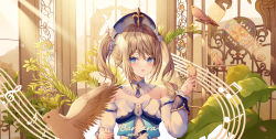 Rule 34 | 1girl, absurdres, arm up, barbara (genshin impact), bird, bird on hand, bird wings, blonde hair, blue eyes, character name, cross, dated, detached collar, detached sleeves, dress, genshin impact, hair ribbon, highres, indoors, looking at viewer, music, musical note, open mouth, plant, priestess, ribbon, shan far, singing, solo, sunlight, twintails, upper body, white dress, white ribbon, window, wings