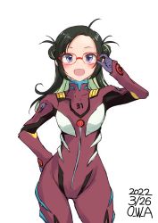 Rule 34 | ahoge, artist name, bespectacled, black hair, bodysuit, cosplay, cowboy shot, dated, double bun, evangelion: 2.0 you can (not) advance, forehead, glasses, green hair, hair bun, highres, kantai collection, long hair, look-alike, makinami (kancolle), makinami mari illustrious, makinami mari illustrious (cosplay), multicolored hair, name connection, neon genesis evangelion, one-hour drawing challenge, owa (ishtail), plugsuit, purple bodysuit, rebuild of evangelion, red-framed eyewear, simple background, white background
