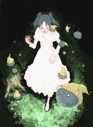 Rule 34 | 1girl, amasawa yuuko, apple, black hair, dennou coil, dress, food, from above, fruit, grimm&#039;s fairy tales, holding, holding food, holding fruit, mojo (dennou coil), parody, snow white, snow white (grimm), snow white and the seven dwarfs, solo, tamaoki benkyou, twintails